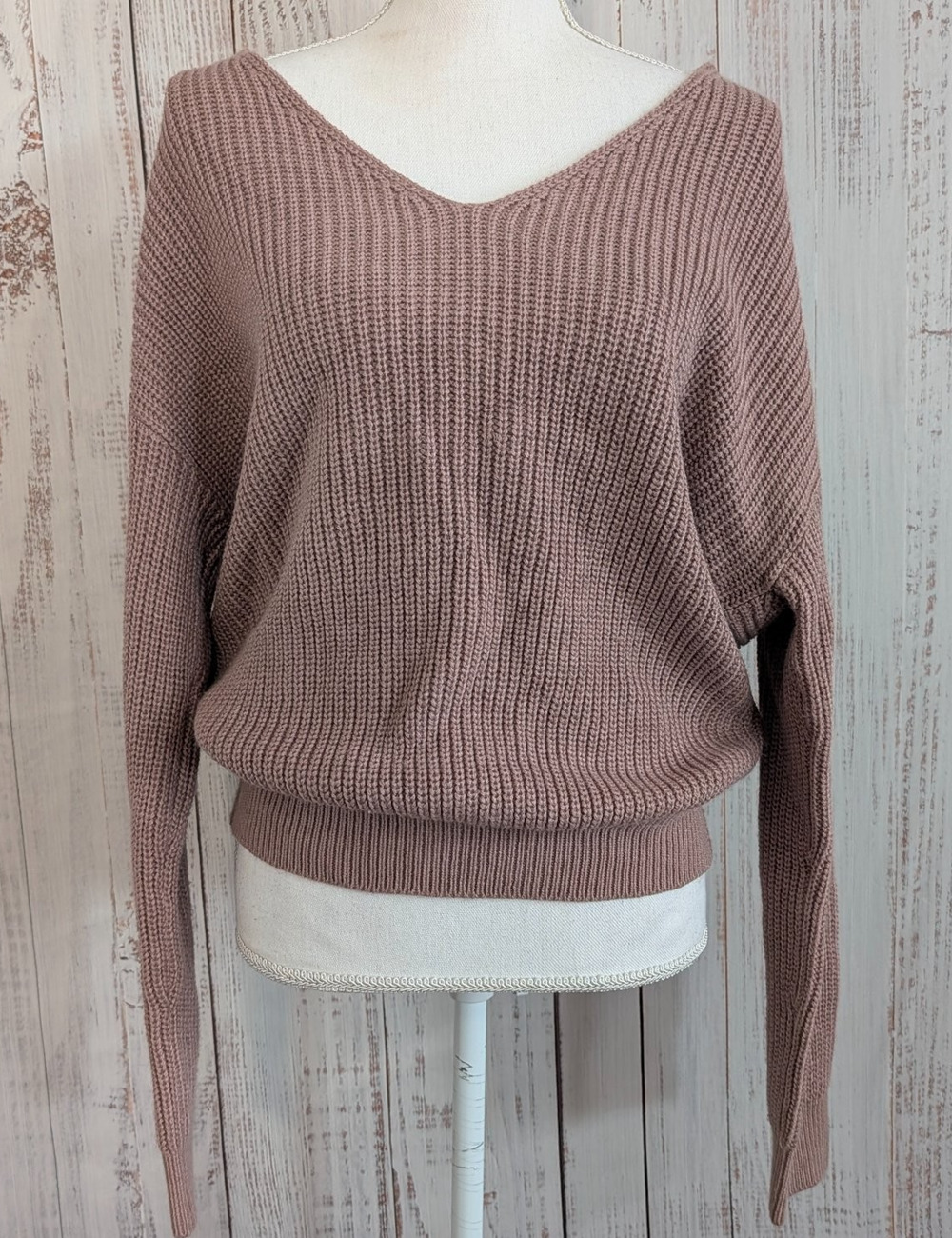 Fashion Nova Sweater Womens Lg Mauve Pink Chunky Rib Knit V Neck Drop Shoulder